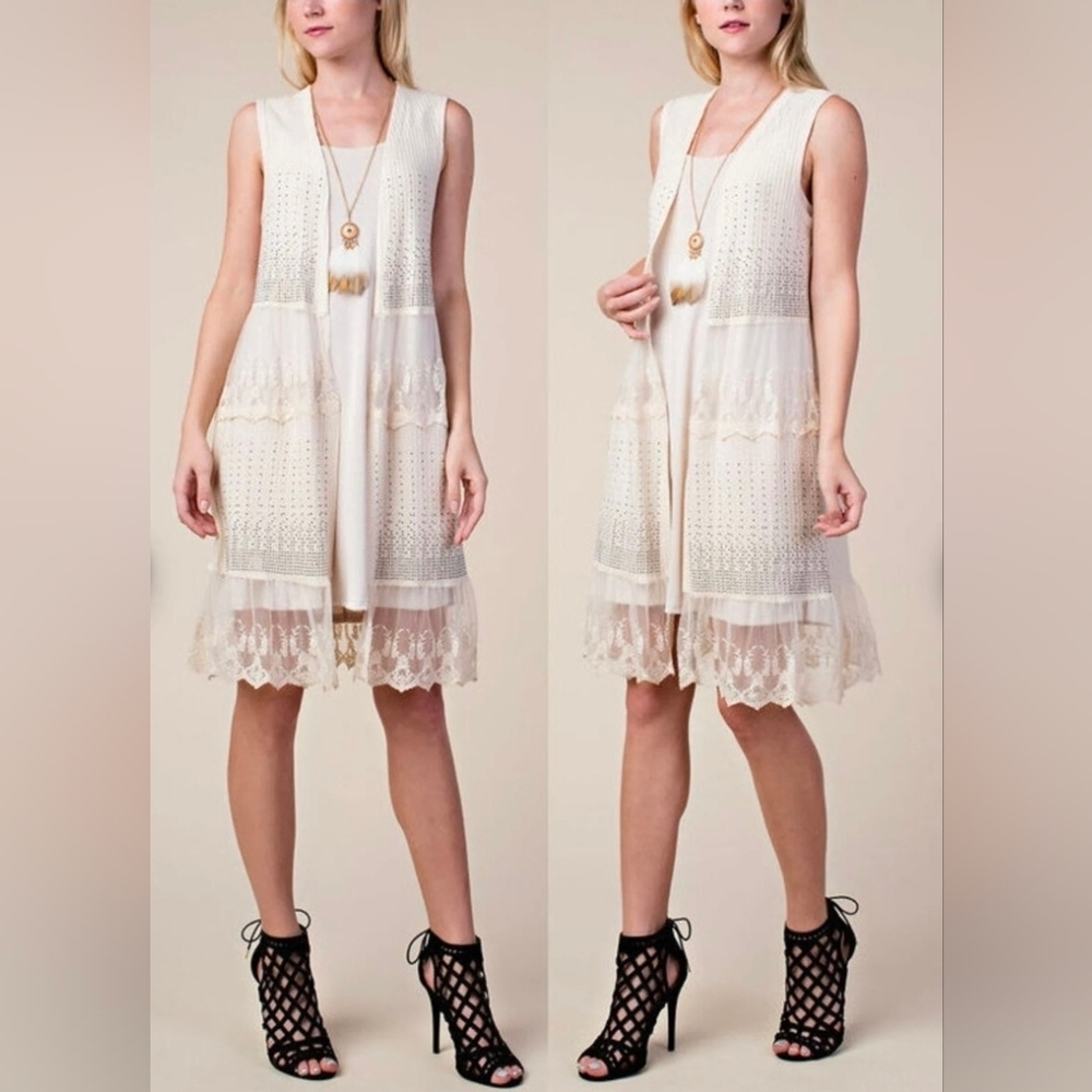 Vocal Ivory Crystal Boho Vintage Lace Ruffle Sleeveless Cardigan Vest Duster XL